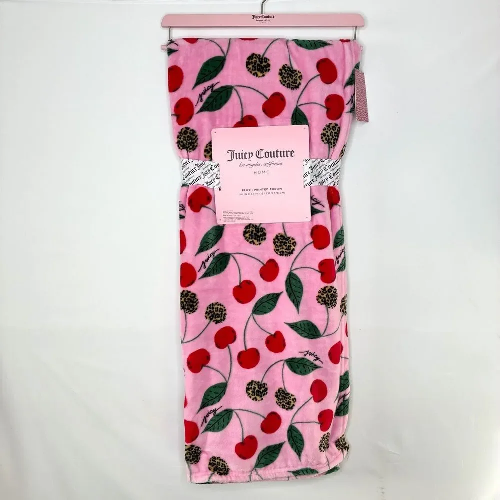 NWT Juicy Couture Pink Red Cherry Leopard Plush Throw Blanket 50”x70” Soft